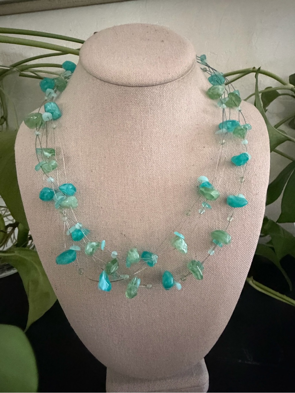 Vintage Genuine Larimar & Amazonite Gemstone Floating Chip Bead Necklace
